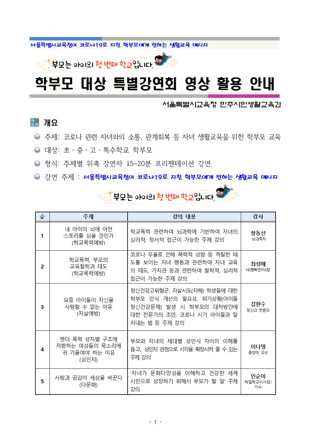 학부모 대상 특별강연회 영상 활용 안내001