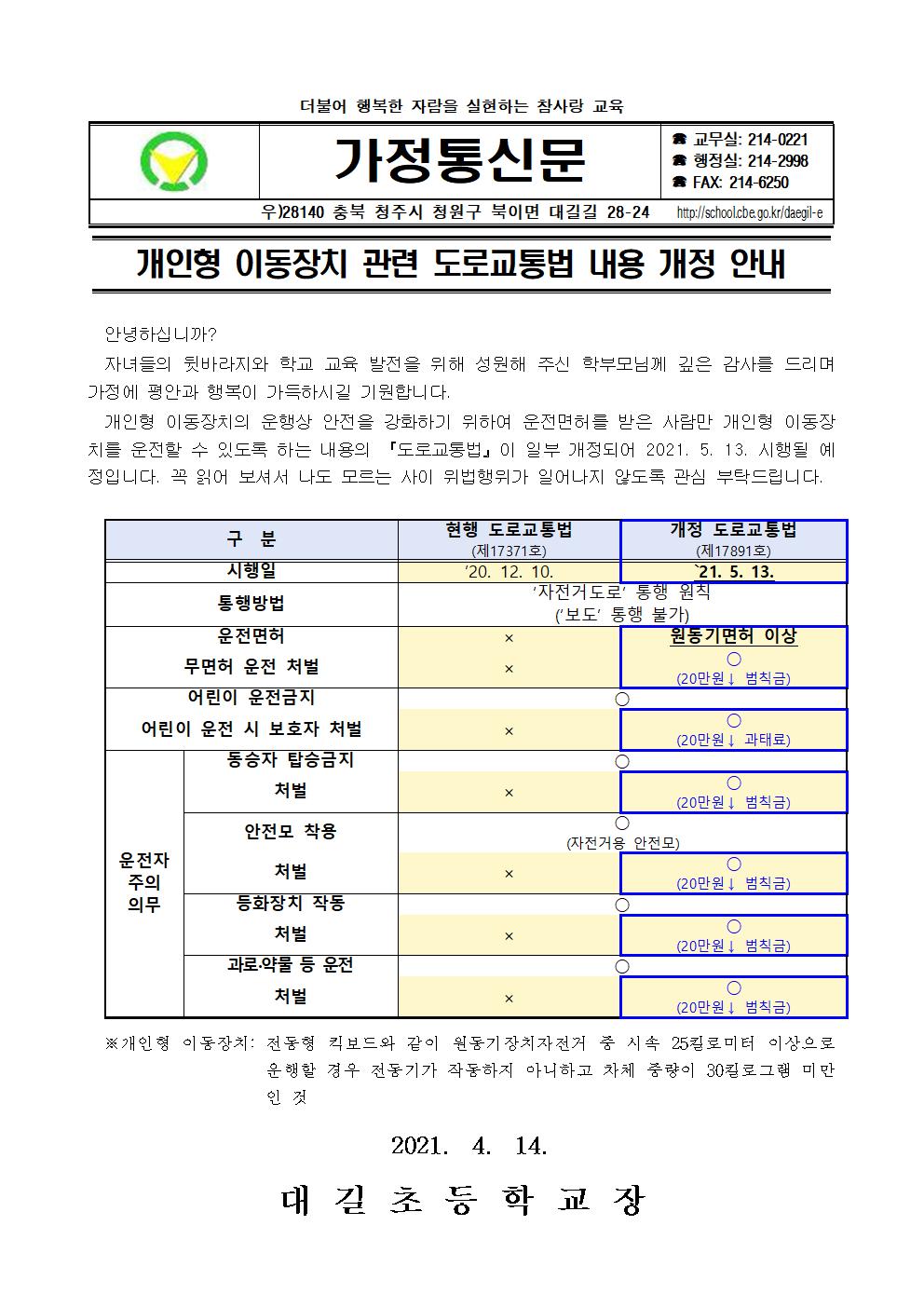 개인형 이동장치 관련 도로교통법 내용 개정 안내 가정통신문001