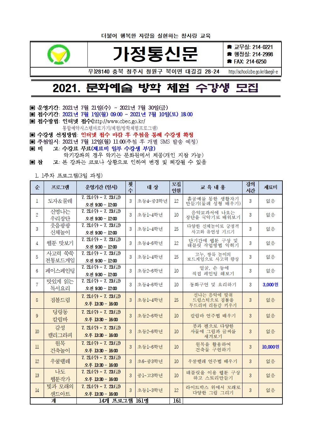 2021. 문화예술 방학 체험 수강생 모집 안내 가정통신문001