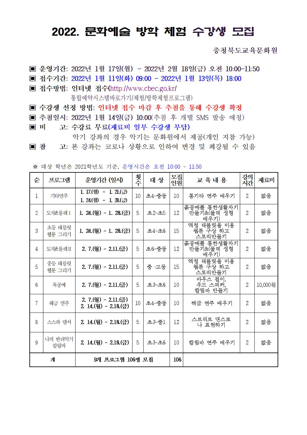 2022. 문화 예술 방학 체험 프로그램 모집 안내문001