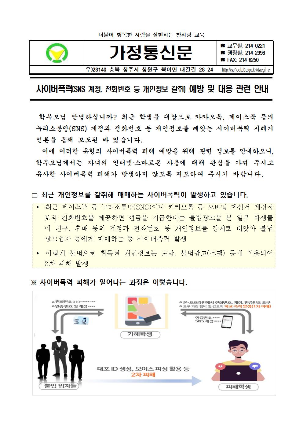 사이버폭력(SNS 계정, 전화번호 등 개인정보 갈취) 예방 및 대응 관련 안내 가정통신문001